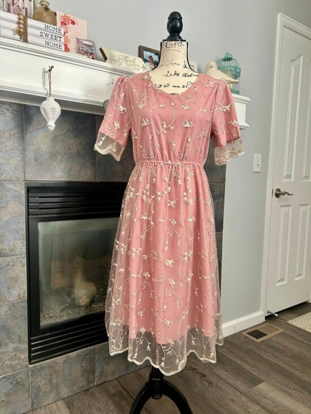Embroidered Mesh Midi Dress